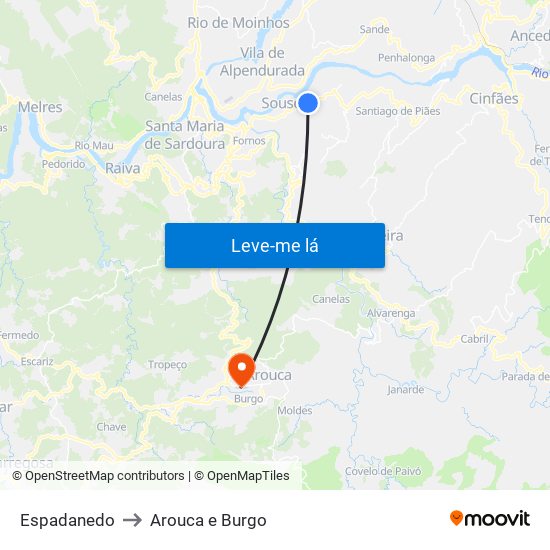 Espadanedo to Arouca e Burgo map