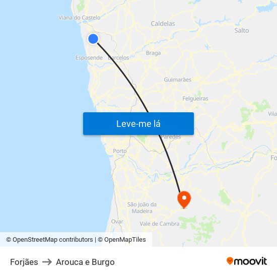 Forjães to Arouca e Burgo map