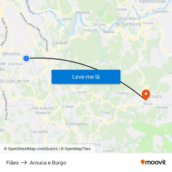 Fiães to Arouca e Burgo map