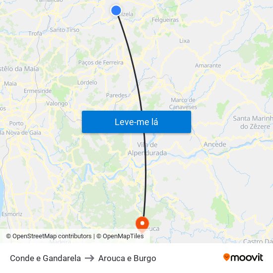 Conde e Gandarela to Arouca e Burgo map