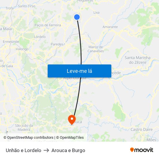 Unhão e Lordelo to Arouca e Burgo map