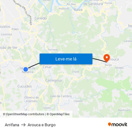 Arrifana to Arouca e Burgo map