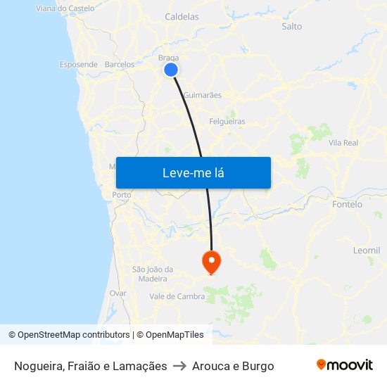 Nogueira, Fraião e Lamaçães to Arouca e Burgo map