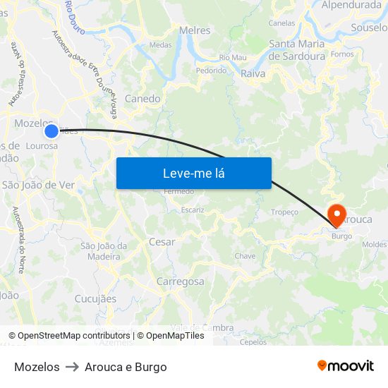 Mozelos to Arouca e Burgo map