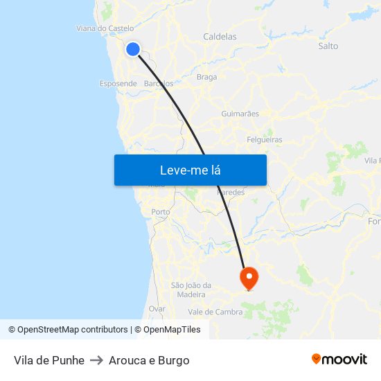 Vila de Punhe to Arouca e Burgo map