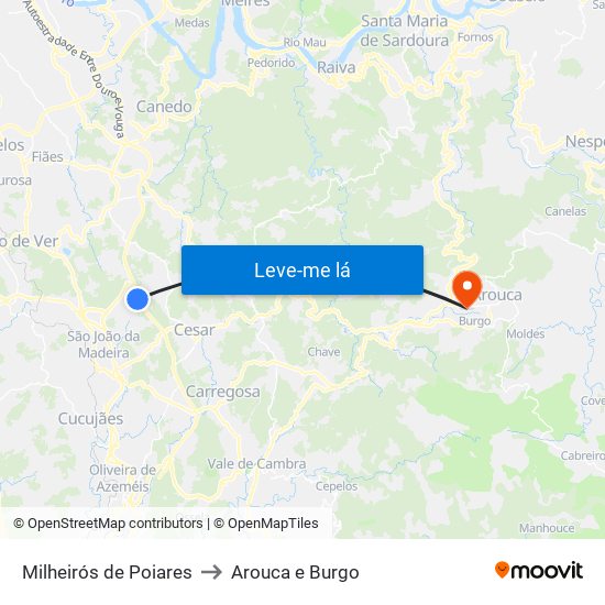 Milheirós de Poiares to Arouca e Burgo map