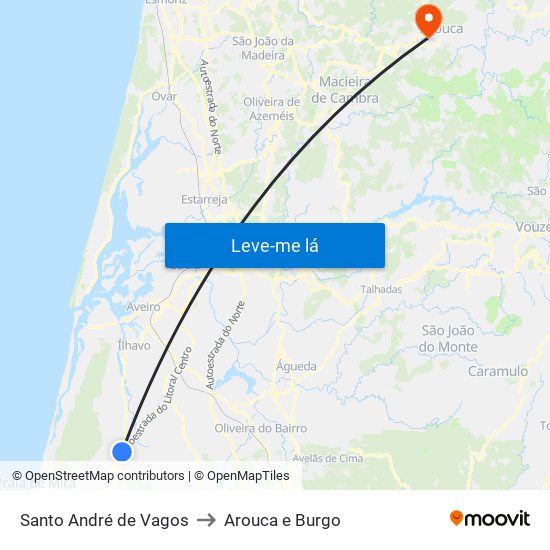 Santo André de Vagos to Arouca e Burgo map