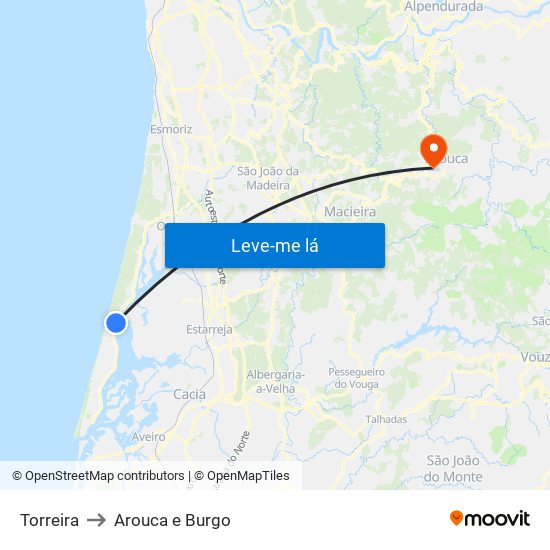 Torreira to Arouca e Burgo map