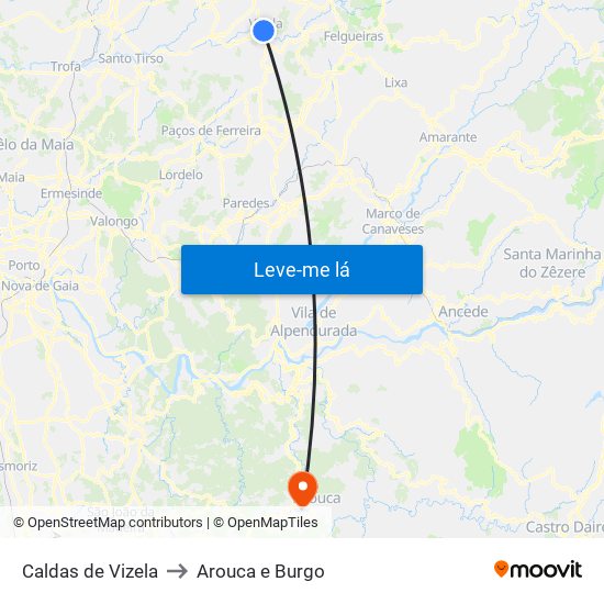 Caldas de Vizela to Arouca e Burgo map