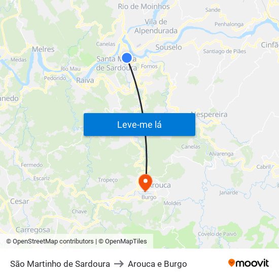 São Martinho de Sardoura to Arouca e Burgo map