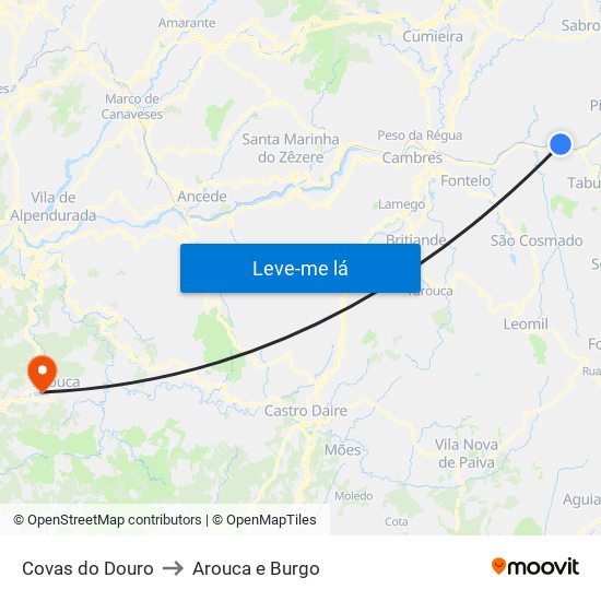 Covas do Douro to Arouca e Burgo map