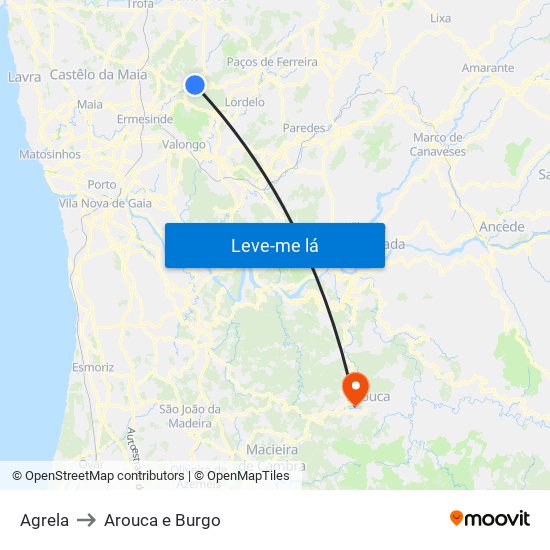 Agrela to Arouca e Burgo map