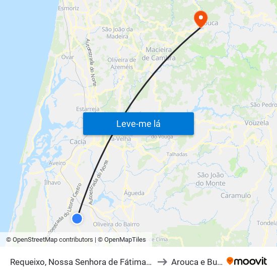 Requeixo, Nossa Senhora de Fátima e Nariz to Arouca e Burgo map