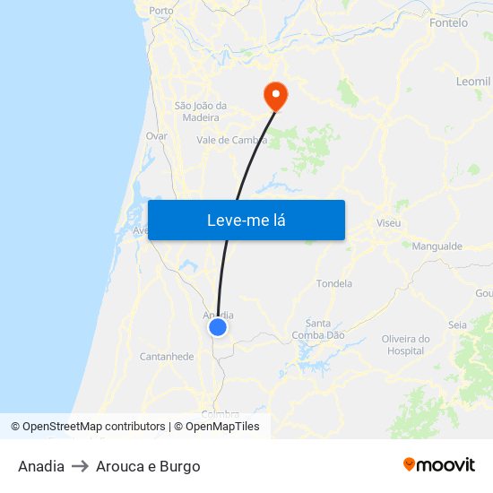 Anadia to Arouca e Burgo map