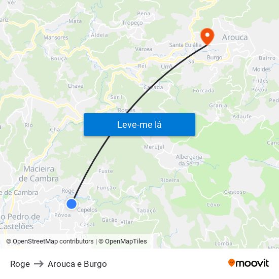 Roge to Arouca e Burgo map