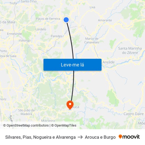 Silvares, Pias, Nogueira e Alvarenga to Arouca e Burgo map