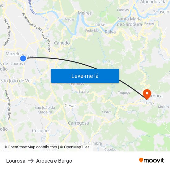 Lourosa to Arouca e Burgo map