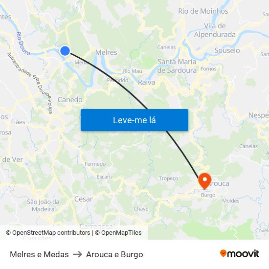 Melres e Medas to Arouca e Burgo map