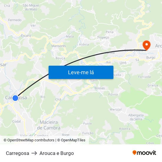 Carregosa to Arouca e Burgo map