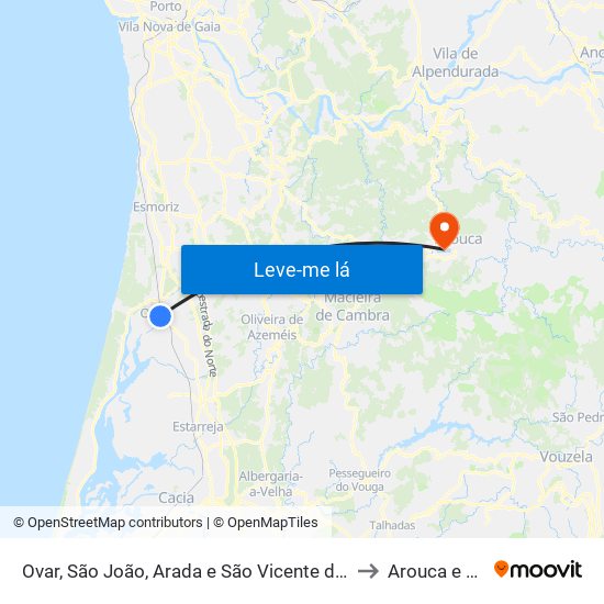 Ovar, São João, Arada e São Vicente de Pereira Jusã to Arouca e Burgo map