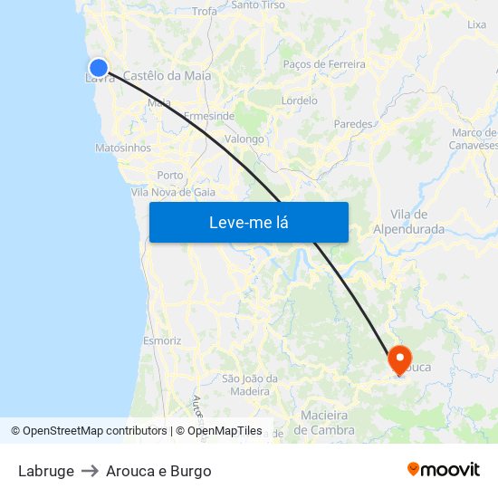 Labruge to Arouca e Burgo map