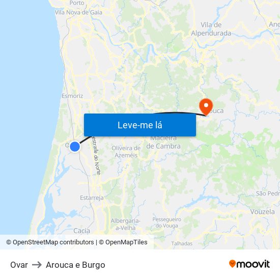 Ovar to Arouca e Burgo map