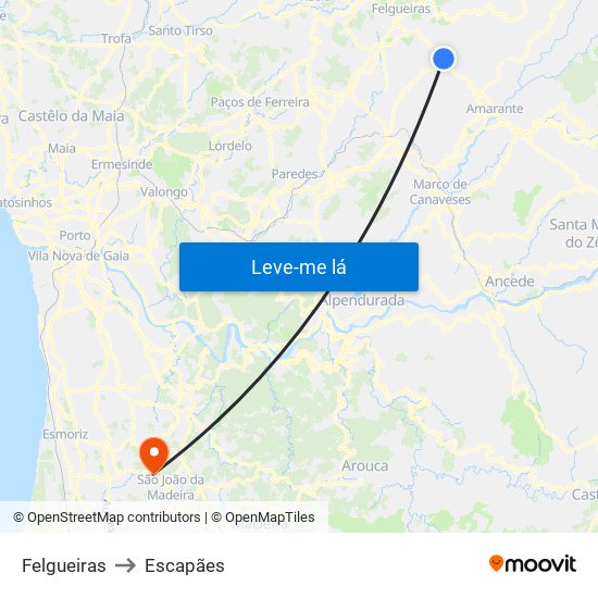 Felgueiras to Escapães map