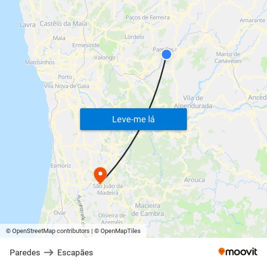 Paredes to Escapães map