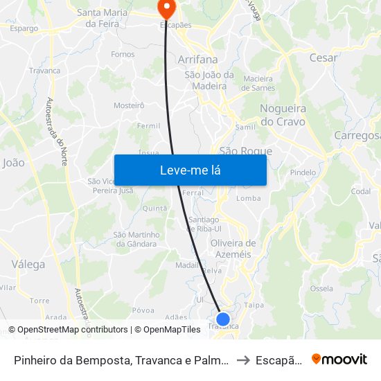 Pinheiro da Bemposta, Travanca e Palmaz to Escapães map