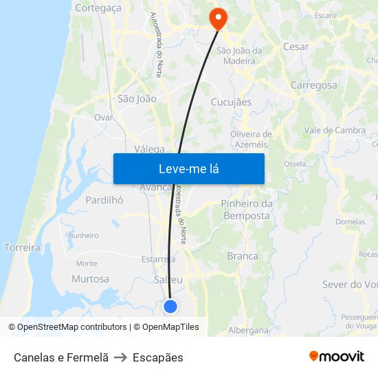 Canelas e Fermelã to Escapães map