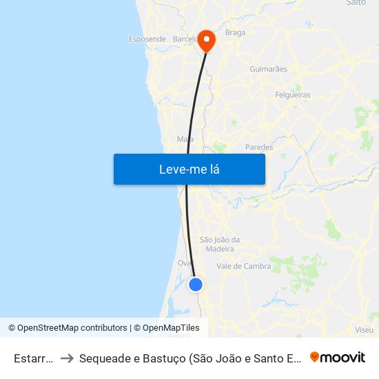 Estarreja to Sequeade e Bastuço (São João e Santo Estêvão) map