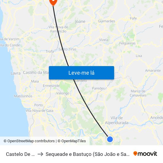 Castelo De Paiva to Sequeade e Bastuço (São João e Santo Estêvão) map