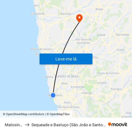 Matosinhos to Sequeade e Bastuço (São João e Santo Estêvão) map