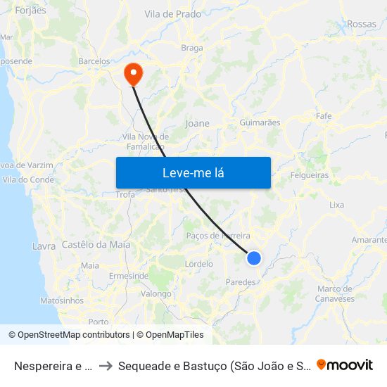 Nespereira e Casais to Sequeade e Bastuço (São João e Santo Estêvão) map