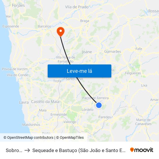 Sobrosa to Sequeade e Bastuço (São João e Santo Estêvão) map