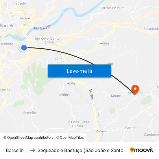 Barcelinhos to Sequeade e Bastuço (São João e Santo Estêvão) map