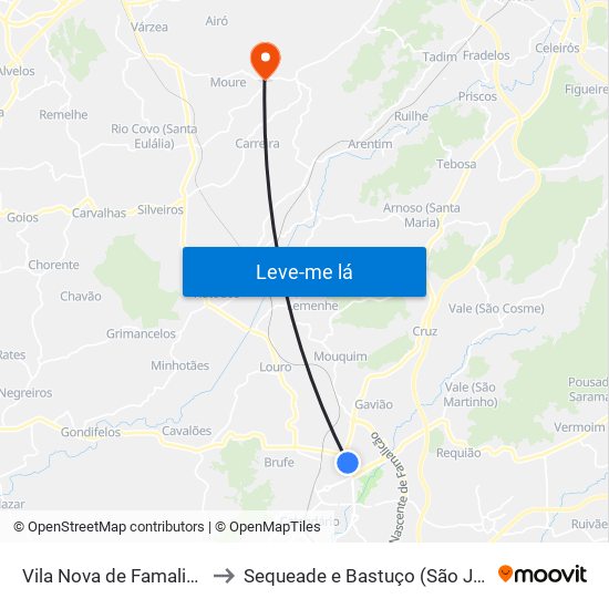 Vila Nova de Famalicão e Calendário to Sequeade e Bastuço (São João e Santo Estêvão) map