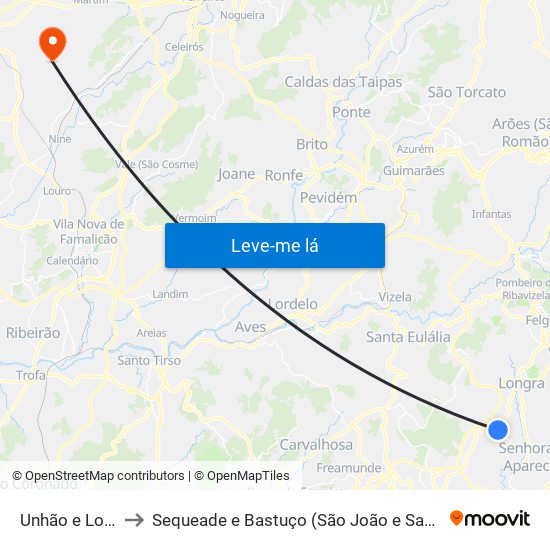 Unhão e Lordelo to Sequeade e Bastuço (São João e Santo Estêvão) map