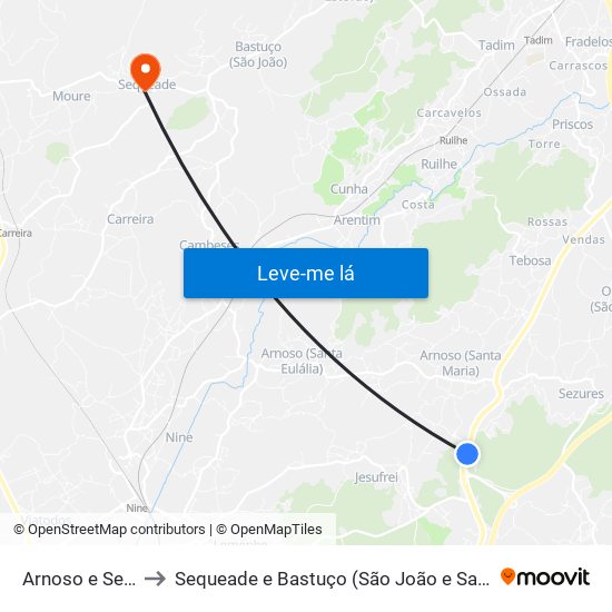 Arnoso e Sezures to Sequeade e Bastuço (São João e Santo Estêvão) map