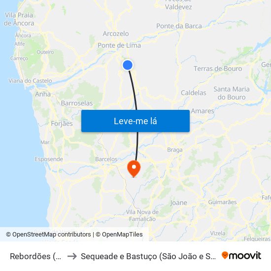 Rebordões (Souto) to Sequeade e Bastuço (São João e Santo Estêvão) map
