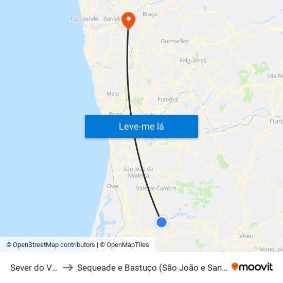 Sever do Vouga to Sequeade e Bastuço (São João e Santo Estêvão) map