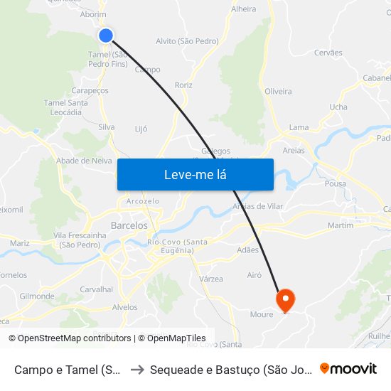 Campo e Tamel (São Pedro Fins) to Sequeade e Bastuço (São João e Santo Estêvão) map