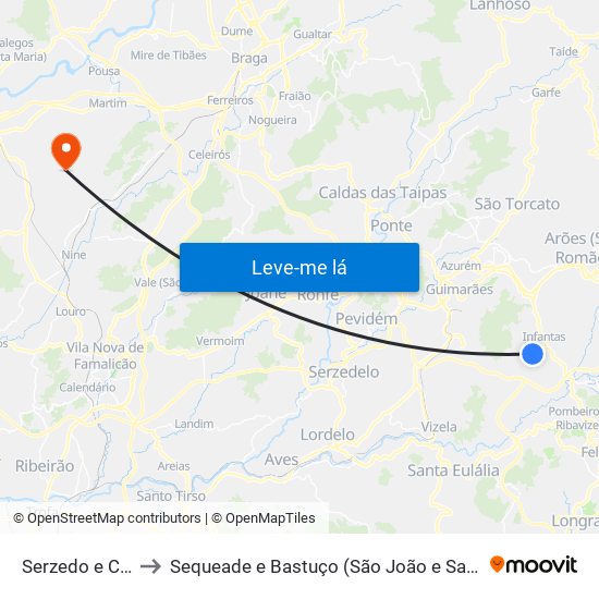 Serzedo e Calvos to Sequeade e Bastuço (São João e Santo Estêvão) map
