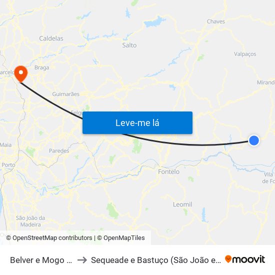 Belver e Mogo de Malta to Sequeade e Bastuço (São João e Santo Estêvão) map