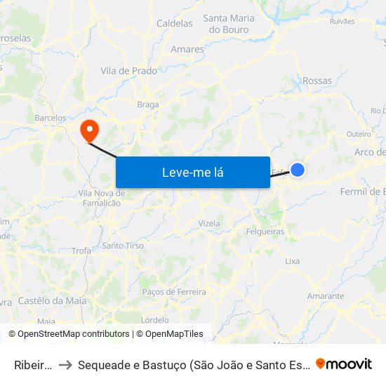 Ribeiros to Sequeade e Bastuço (São João e Santo Estêvão) map