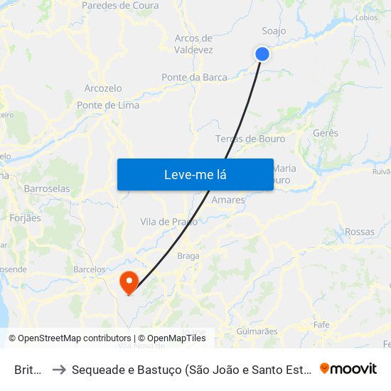 Britelo to Sequeade e Bastuço (São João e Santo Estêvão) map