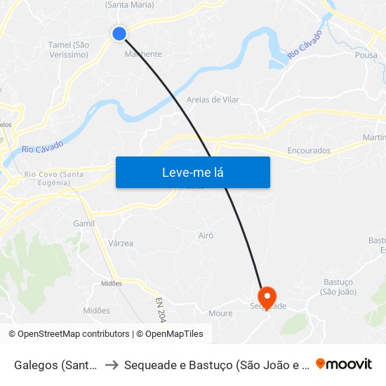 Galegos (Santa Maria) to Sequeade e Bastuço (São João e Santo Estêvão) map