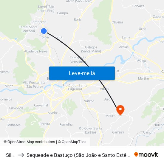 Silva to Sequeade e Bastuço (São João e Santo Estêvão) map