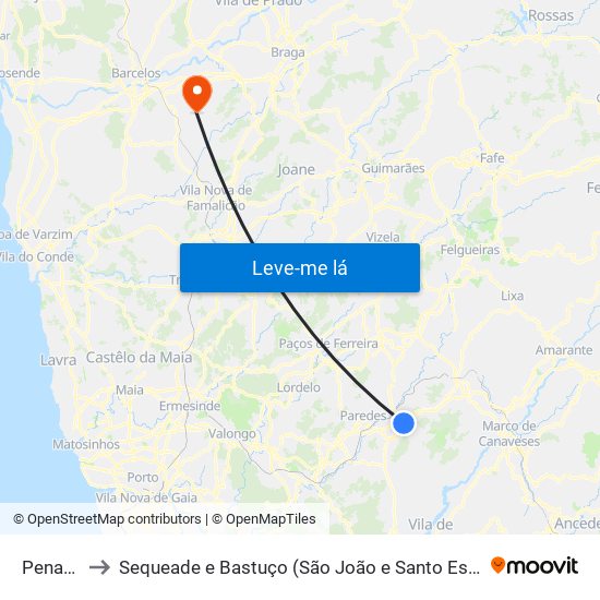 Penafiel to Sequeade e Bastuço (São João e Santo Estêvão) map