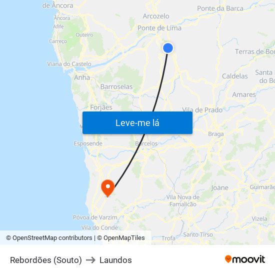 Rebordões (Souto) to Laundos map